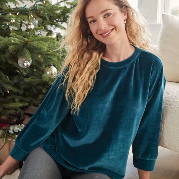 Garnet Hill Velour Pullover Sweatshirt Teal Blue Size XS - Picture 1 of 5